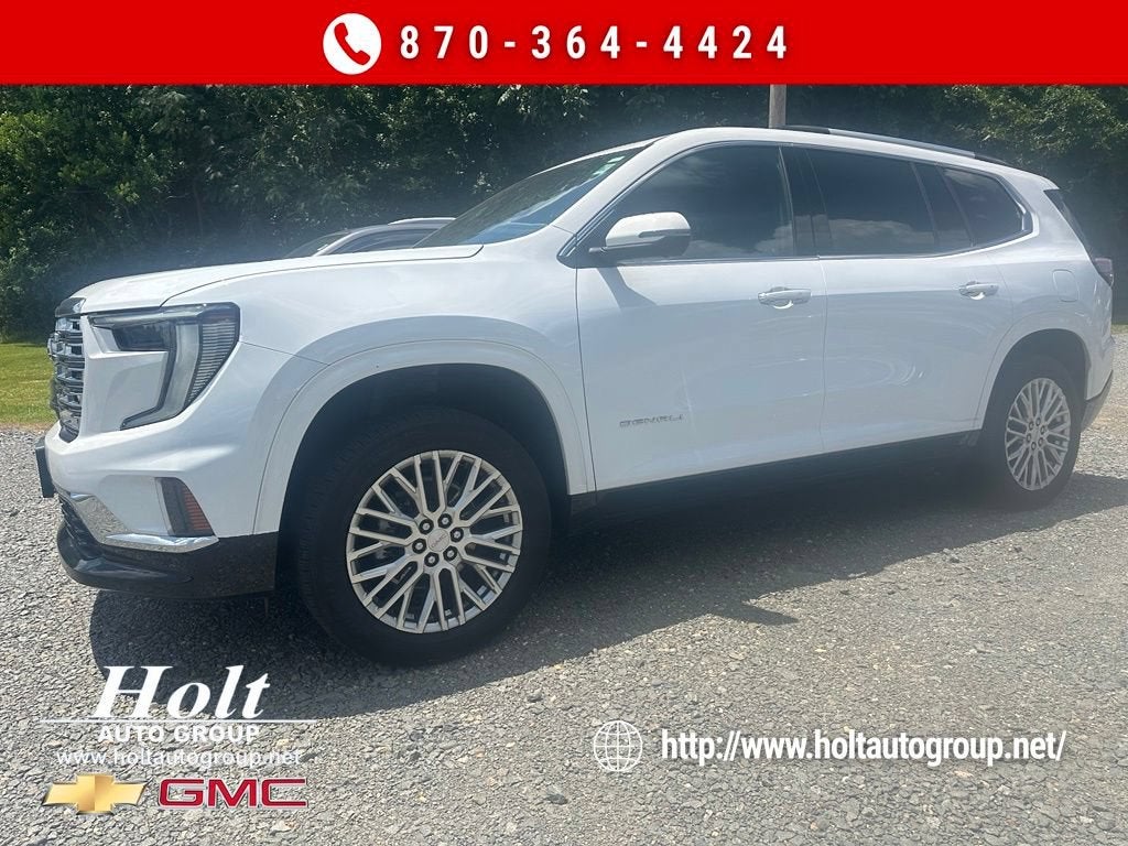 2024 GMC Acadia Denali in Summit White — front three-quarter view